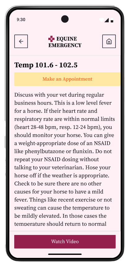 Temperature screen Equine Emergency Vet Care Guide app